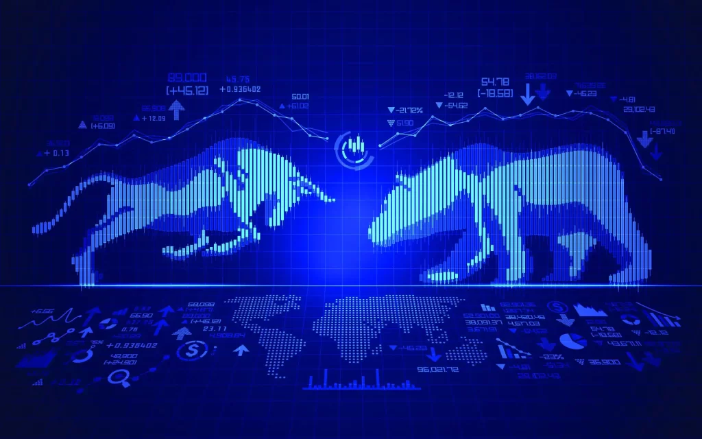 Financial chart showcasing bear and bull market dynamics, overlaid on a blue technological theme.